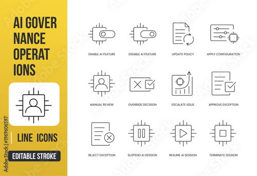 A set of AI governance operation icons for managing features, policies, decisions, and system controls in admin dashboards, created in line style with editable stroke