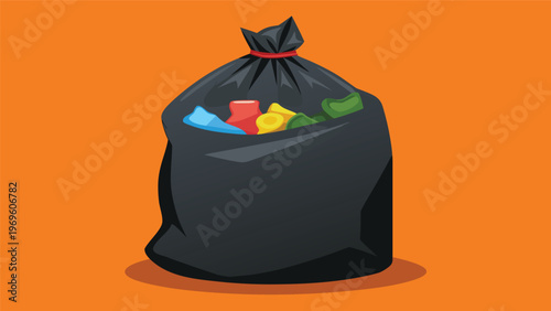 Black garbage bag filled with trash on an orange background shows common waste items and bright colors along with everyday garbage