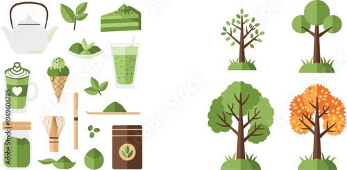 Flat vector avcollection of matcha latte preparation featuring green tea powder, bamboo whisk, milk pitcher, kettle, and various hot and iced matcha beverages.