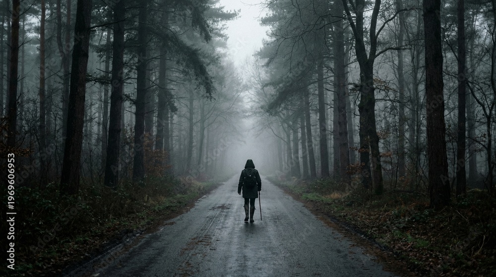 Fototapeta premium Lone hiker walks on misty forest road with backpack and trekking pole