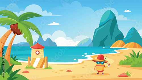 Fun day at the beach with a colorful character enjoying the sun and sea near palm trees and mountains
