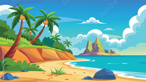 Sunny beach with palm trees and rocky island by the sea during daytime