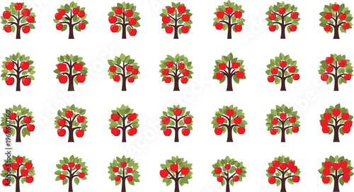 Seamless pattern of cartoon apple trees on white background