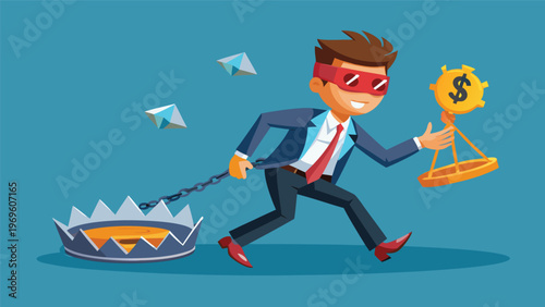 Businessman runs away from trap while holding trophy on blue background during active scene