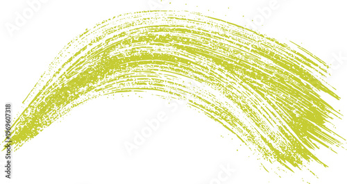 Lime green curved brush stroke with dry paint texture on white background