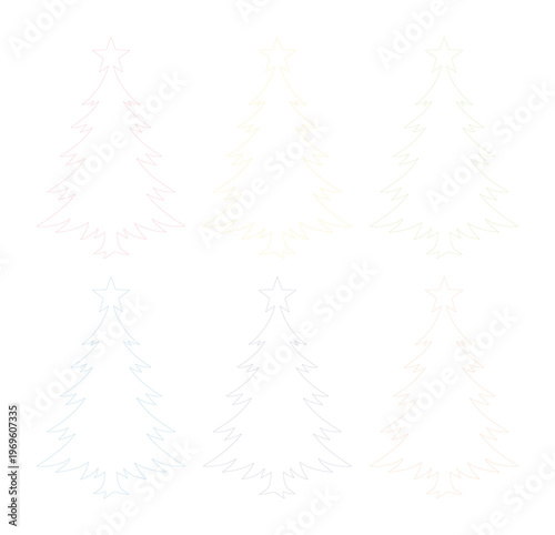 Árbol de Navidad minimalista, conjunto de 6 iconos lineales de abetos navideños, siluetas vectoriales de pinos con estrella