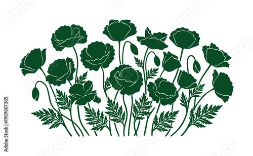 Silueta de amapolas silvestres en color verde oscuro, ilustración botánica de flores de campo, diseño floral minimalista en formato eps