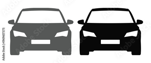 Silueta de coche frontal en color negro y gris, iconos de vehículos modernos tipo sedán, gráficos vectoriales de automóviles para diseño
