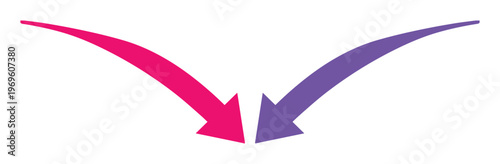 Flechas curvas convergentes en colores rosa y morado, gráfico vectorial de punteros dinámicos, iconos de dirección enfrentados