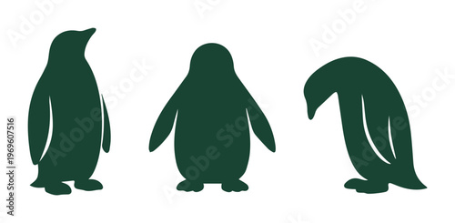 Siluetas de pingüinos en color verde oscuro, conjunto de tres iconos de aves antárticas, gráficos vectoriales de fauna silvestre para diseño