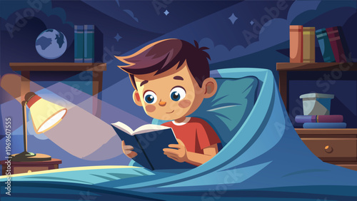 Child reads a book in bed at night under a lamp with a night sky visible through the window