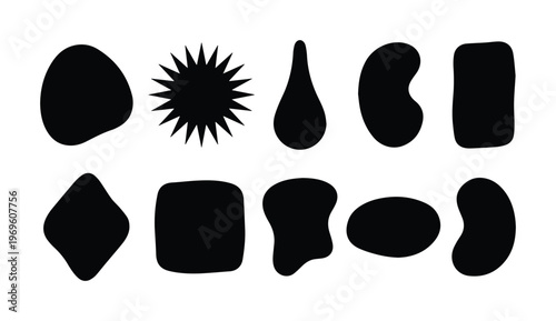 Abstract organic shapes vector set, modern irregular black blob forms, fluid minimal design elements, contemporary graphic resources for backgrounds and branding