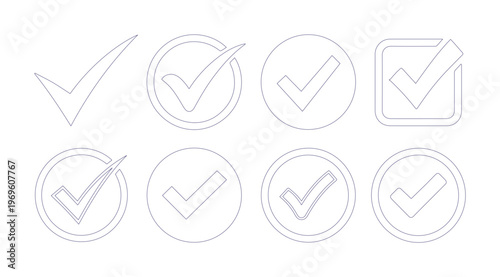 Clean checkmark vector icons, a versatile set of eight outline tick symbols for user interfaces and web design, approval and completion graphics.