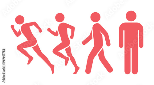 Dynamic red human figures, a vector icon set depicting running, jogging, walking, and standing poses. Versatile graphic resources for activity and movement concepts.