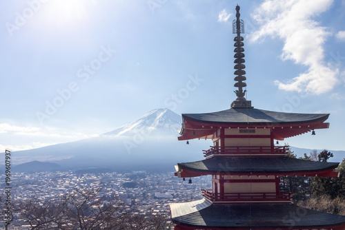 Mount Fuji and Chureito Pagoda from Arakurayama Sengen Park in Fujiyoshida, Japan