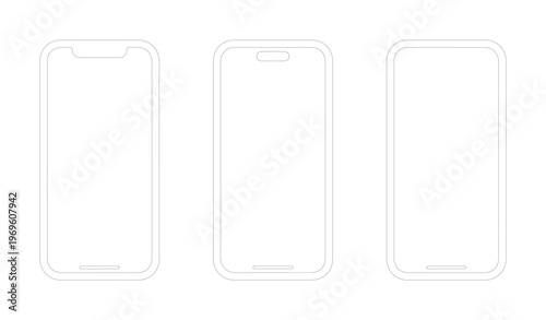 Modern smartphone screen mockups, three blank white mobile phone frames, minimalist device display templates for UI/UX design, app presentation, and web development vector.