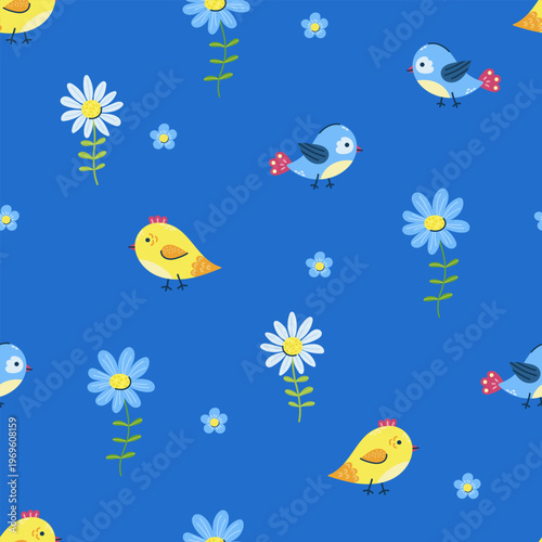 Seamless pattern with birds and flowers on blue background. Seasonal hand drawn card, poster, web banner. Vector illustration.
