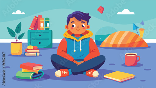 Boy sits on floor surrounded by books, drinks coffee, and enjoys his leisure time in a colorful and inviting room
