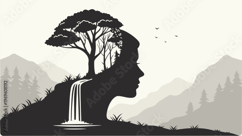 Serene silhouette of a human head with a tree and waterfall in a mountainous landscape evoking harmony with nature and tranquility