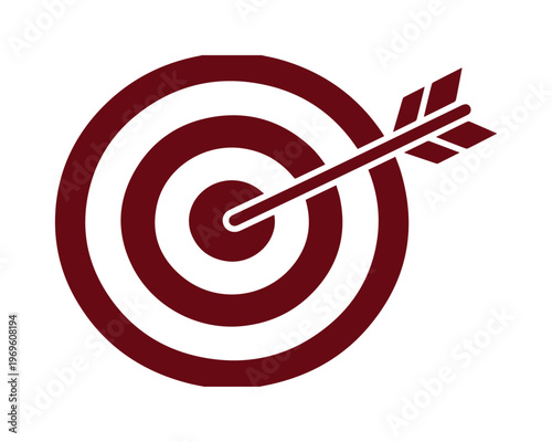 Icono de diana con flecha en el centro, símbolo de objetivo y éxito empresarial, gráfico vectorial de puntería en color granate para marketing