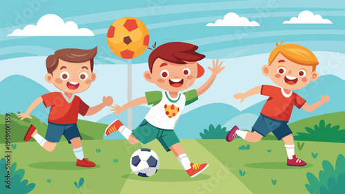 Three kids play soccer on a sunny day in a grassy field with hills in the background and a colorful ball in the air