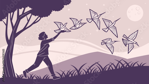 Person releasing flock of origami birds into moonlit sky with hills and tree