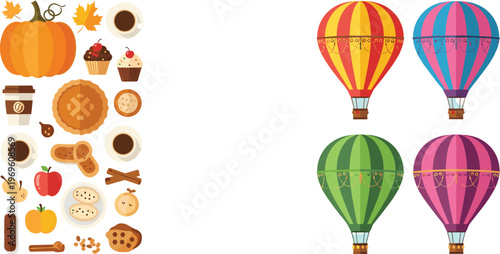 Flat vector collection featuring autumn harvest treats, pumpkin pie, coffee, and colorful hot air balloons with striped patterns on white background.
