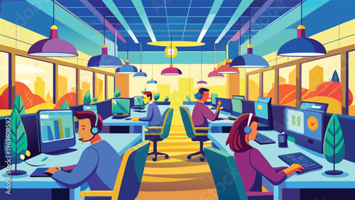 Workers in a modern office setting engaged in various tasks during the late afternoon