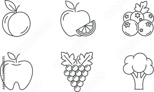 Fruit and vegetable line icons set with apple grape berries broccoli and citrus symbols for healthy food and nutrition design
