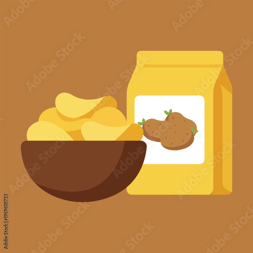 Snack Time Delight: A delightful assortment of golden potato chips are presented beside a vibrant snack bag, inviting a moment of pure enjoyment and flavor.