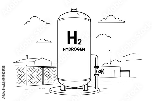 Line illustration of H2 hydrogen fuel tank with pipes and valves at energy plant representing green hydrogen and clean fuel technology