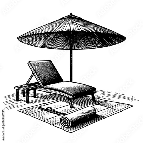 Detailed engraving style illustration of sun lounger under parasol with rolled beach mat for summer travel design
