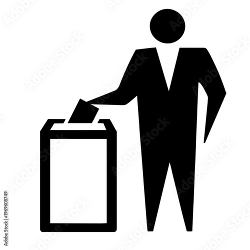 Minimalist pictogram of person in suit casting vote into election box representing democracy and civic participation