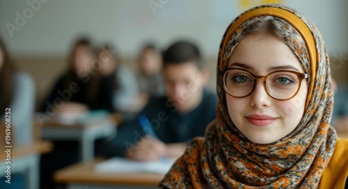 Young student wearing glasses and hijab smiles confidently in a classroom