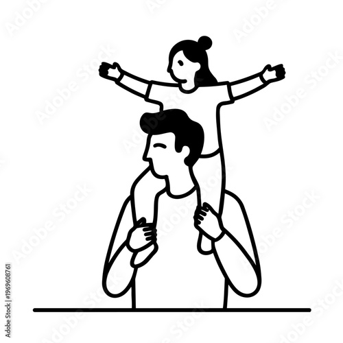 Minimalist line illustration of dad holding child on shoulders with arms spread representing parenting bond and fatherhood