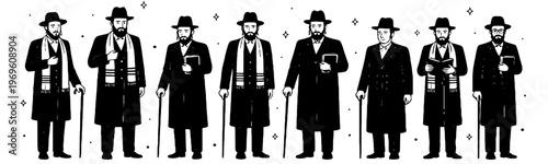 Collection of religious figures in traditional black coats hats with canes and torah for cultural heritage themed illustration