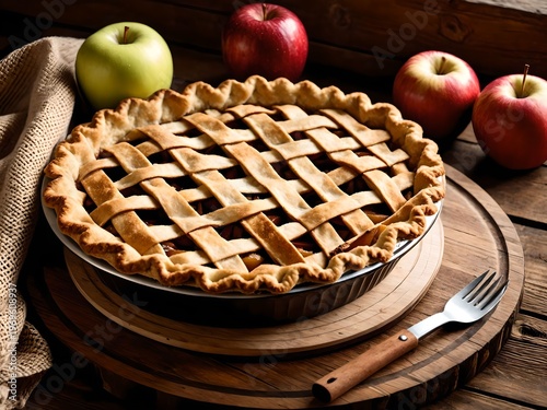 Homemade Apple Pie with Lattice Crust and Fresh Red and Green Apples