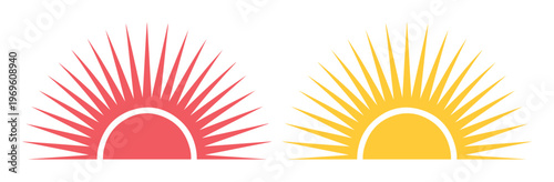 Stylized Sunburst Vector Icons. Radiant Sunrise and Sunset Graphic Elements, Red and Yellow Gradient Design, Modern Abstract Symbol for Branding and Weather Forecasts.