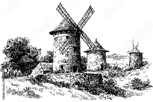 Vintage illustration of traditional flour mill with stone tower and wooden blades in countryside for agriculture and european themed design