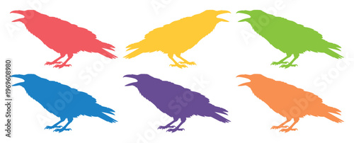 Colorful crow silhouettes, a vibrant vector set of six cawing birds, perfect for modern graphic design and animal-themed projects
