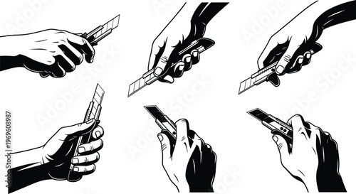 Black and white silhouette set of hands holding utility knives featuring various cutting angles, box cutter grips, stationery knife handles, and sharp blade tool icons for 