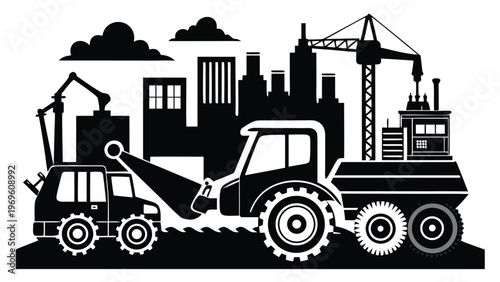 Construction scene with machines and buildings in a city setting during the day