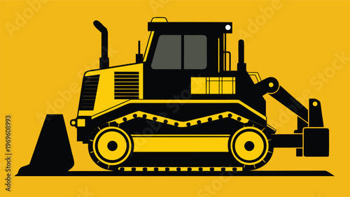 Bulldozer works on construction site during daylight in a yellow background