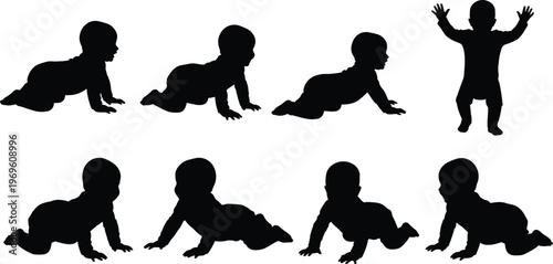 Black silhouette set of baby icons featuring various infant crawling poses, a toddler standing with arms up, and newborn movement silhouettes for parenting and childcare graphic design.