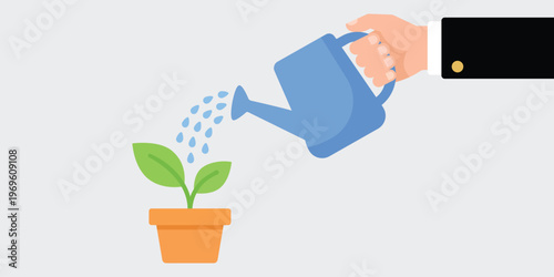 Nurturing Growth: A hand carefully waters a small, vibrant sprout in a pot, symbolizing the nurturing of fresh, new beginnings and the power of growth.