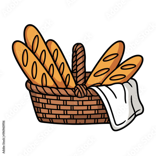cartoon wicker basket with bread rolls and towel