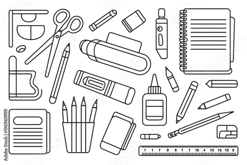 collection of school and office supplies on white background