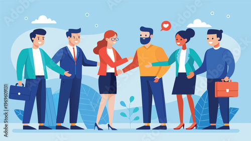 Group of people in business attire shaking hands and having a discussion in a modern office setting during daytime