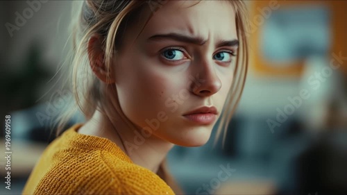 Young woman with intense gaze and furrowed brow, looking over her shoulder with concern