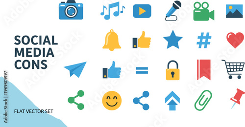 Social media flat icon set featuring like share hashtag video camera notification and communication symbols for apps